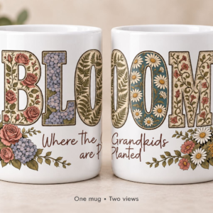 Bloom Where the Grandkids Are Planted floral grandma mug with roses, hydrangeas, and daisies
