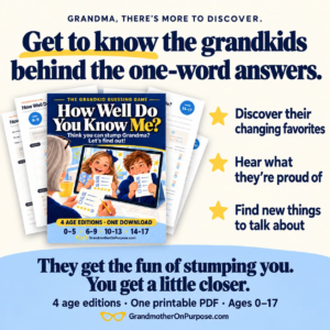 How Well Do You Know Me? printable grandkid game cover, Grandma playing with two grandkids over a video call