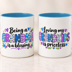 Loving My Grandkids Is Priceless mug showing both sides with blue handles
